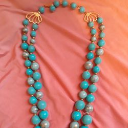 Butterfly Turquoise And Gold Beaded FASHION Necklace Small Gold Bead Separators Double strand