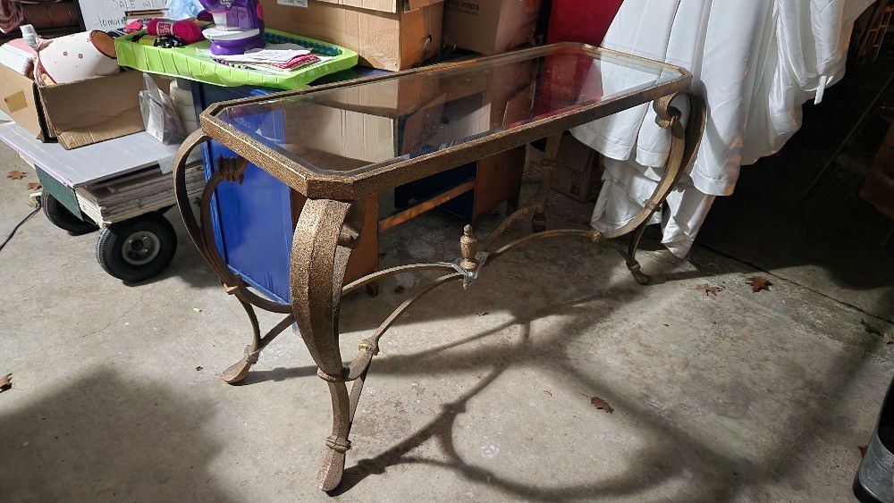 Antique Iron And Beveled Glass Sofa Table
