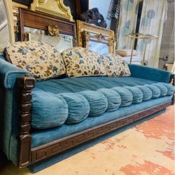 1960s-70s Mid Century Mediterranean Sofa - Teal Velvet Tufted Cushion Couch - Solid Wood Frame -teal