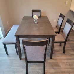 Gray Wooden Table with Bench and 4 Chairs