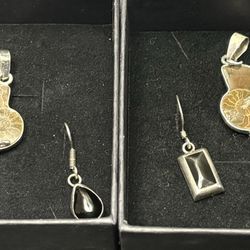 (50% OFF FOR 1HR!!) Gift For Her, Twins, Friends. Matching Ammonite Pendants And Onyx Earrings. Two Sets