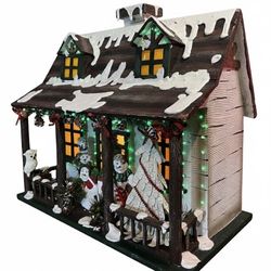 Awesome Rare LARGE WOODEN CHRISTMAS HOUSE 15"X13" inches. Fiber Optic Color Changing Lighting!