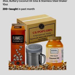 Ultimate Popcorn Seasoning Kit – Popcorn Seasoning Salt 35oz, Buttery Coconut Oil 32oz & Stainless Steel Shaker 10oz