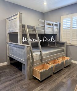 Solid Wood Twin/Full Bunk Bed With 3 Drawers And Memory Foam Mattresses $1,200
