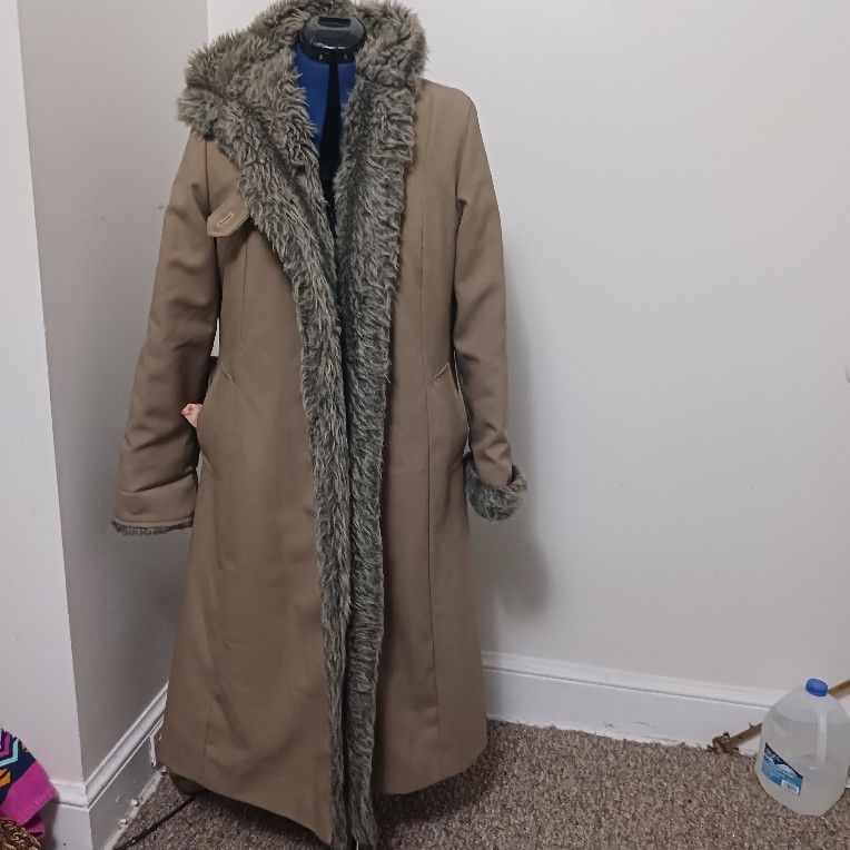 Vtg Union Made Trench Cape Fur Lined Coat Khaki NO Size Tag