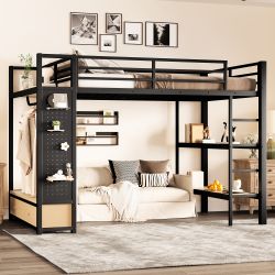 Lilwen Full Size Metal Loft Bed with Open Wardrobe, Pegboard and Storage Drawers