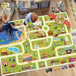 31x47in Kids Car Rug Playmat with Non-Slip Backing for Boys and Girls Playroom, Parent-Child Interactive Play Carpet.