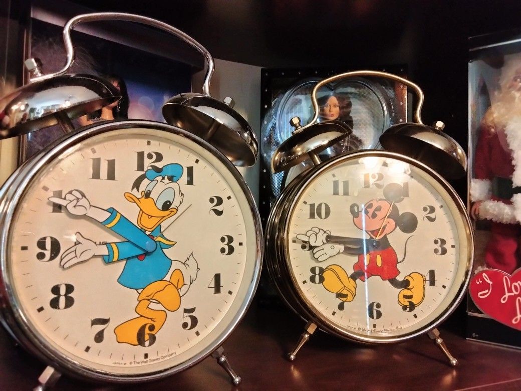 Donald Duck Or Mickey Mouse Medal Alarm Clock Battery From The Early '70s Works Great Very Heavy Large $150 Each Unless You Buy Both I'll Go Cheaper