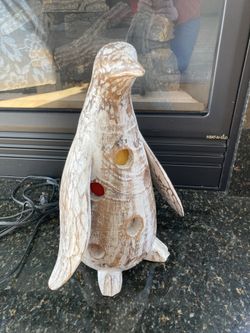 Wooden Penguin Hand Carved Light 17", Beautiful Art Piece!