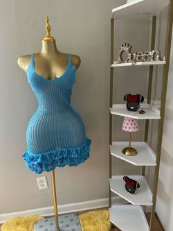 Blue Crochet Mini Dress with Ruffle Hem