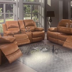 Carmel Leather Fully Reclining Three Piece Couch Set