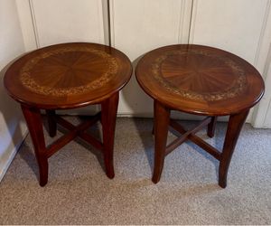 Pair of Decorative Wood Inlay End Tables - Side Tables