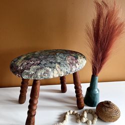 Vintage Wooden Stool Padded Footstool Small Granny Style Ottoman