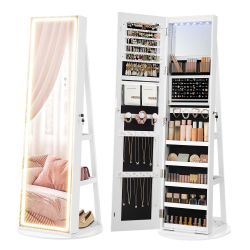 LED Mirror Jewelry Cabinet Standing, Adjustable Lights, Lockable Jewelry Armoire with Full-Length Mirror, Mirror with Jewelry Storage, Gift Idea, Whit