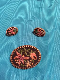 Vintage Oval Cross stitched brooch and clip earring set