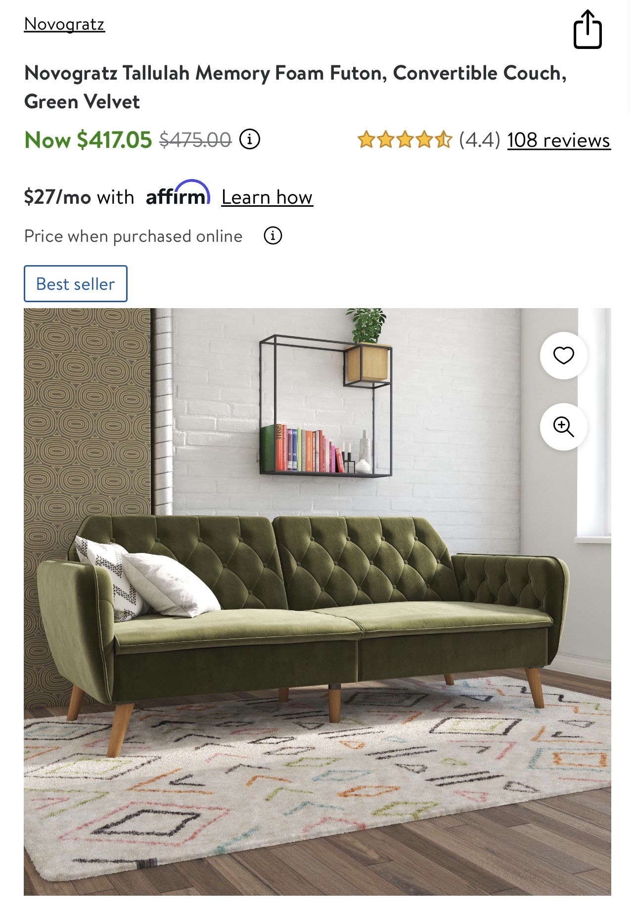 Novogratz Tallulah Memory Foam Futon, Convertible Couch, Green Velvet