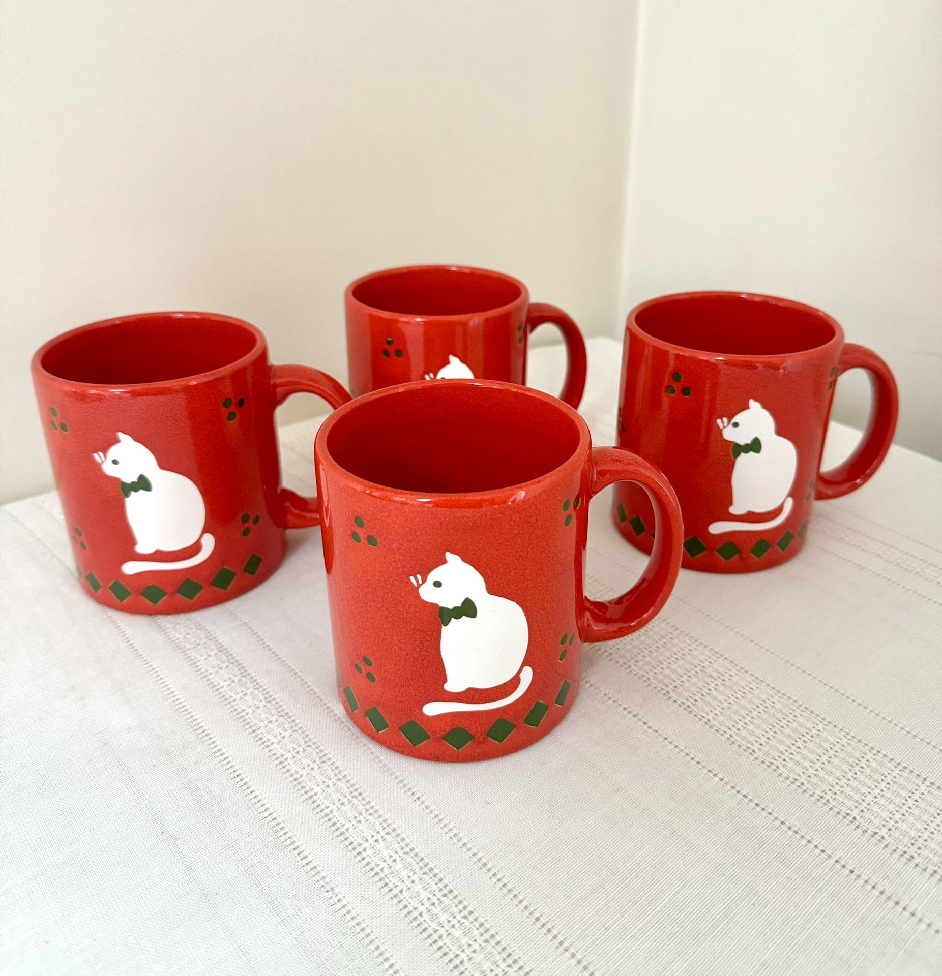 RARE Vintage Set of 4 Waechtersbach Cat Mugs - Red, Green, & White, Circa 1970’s