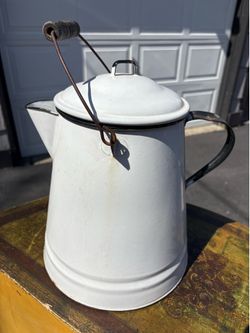 Large Vintage White Enamel Cowboy Coffee Pot or Camp Coffee Pot Kettle