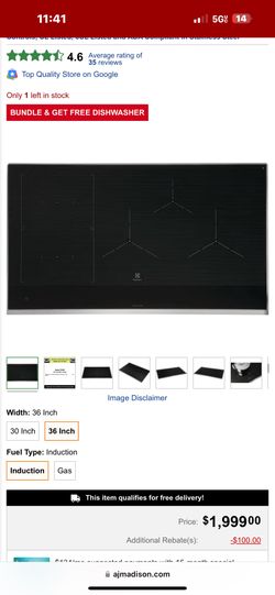 Electrolux eccl3668AS 36 in wide 5 burner induction cooktop with precise temperature control