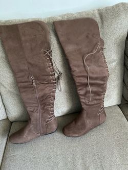 Over the Knee Faux Suede Low Flat Heel Boot with Back Lacing Brand “Bank 99” Size 8