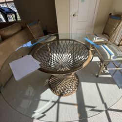 Wicker Dinning Table With Glass Top Large And 3 Chairs