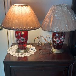 Antique Lamps- Red Ones Are Royal Ruby AnchorGlass and Blue Ones are Stiffer Sculptural, Ceramic And Brass. 