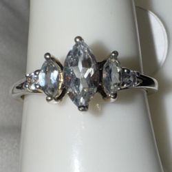 Vintage Sterling Silver Aquamarine Triple Marquise Cut Ring, sz 9