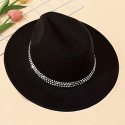 New Black Flat Brim Jazz Hat Rhinestone Strap Decor Vintage Jazz Fedora Cap