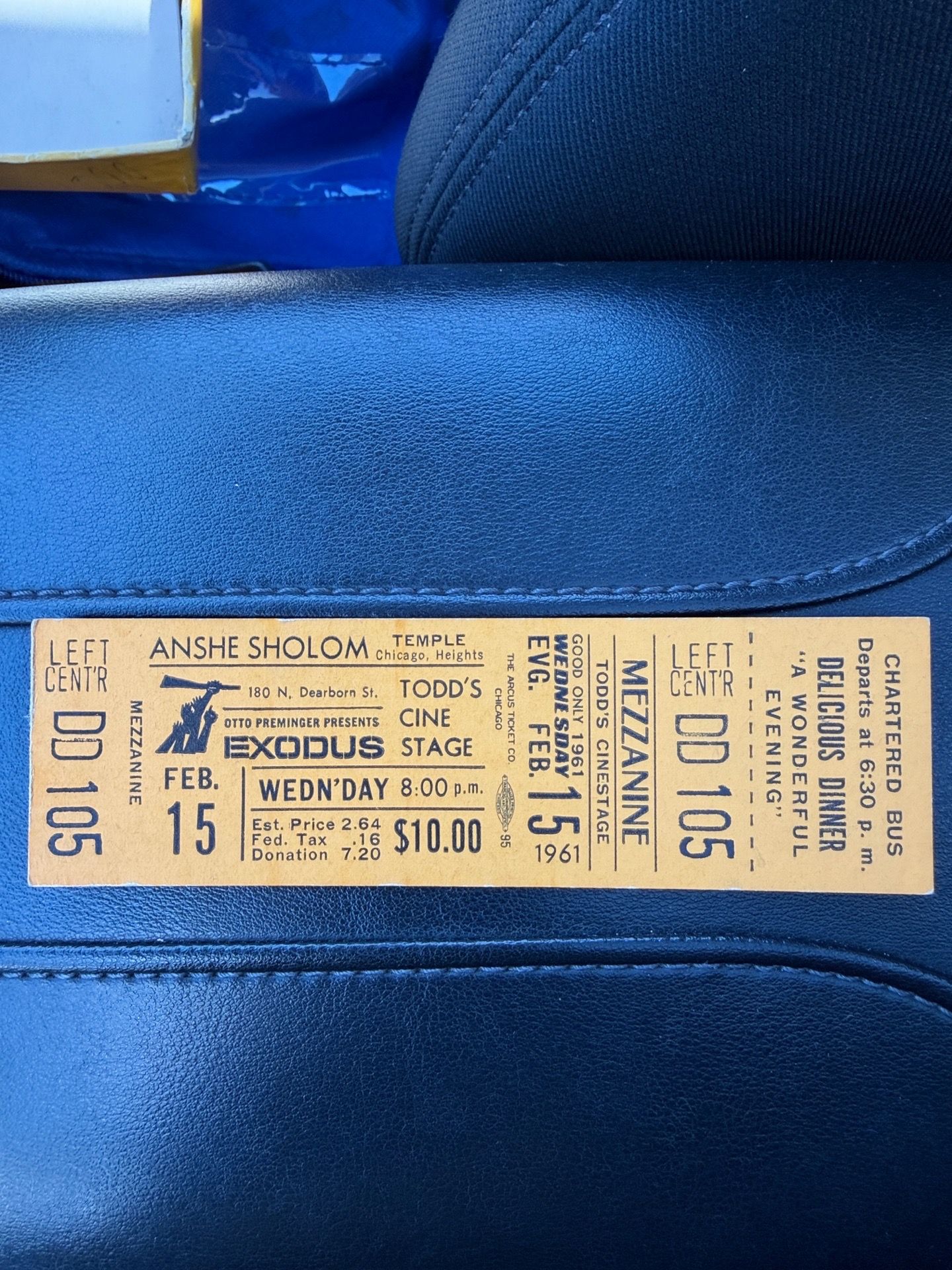 vintage ticket stub for a February 15, 1961, screening of the 1960 epic historical drama film Exodus