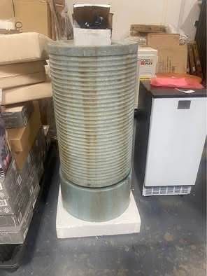 New in Box 44" Tall Large Round Green Ribbed Tower Water Fountain, Verge Bronze, Cement Outdoor Bird