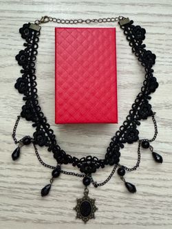 Gothic Black Lace Choker with Beaded Drops, Elegant Necklace Sexy Retro Chain