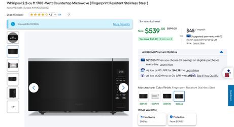 Whirlpool 2.2-cu ft 1700 -Watt Countertop Microwave ( Fingerprint Resistant Stainless Steel ) Model #WMCS7024SZ