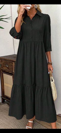 Black collared button down tiered maxi dress