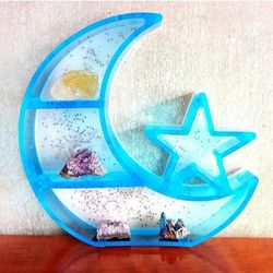 Blue and white opal glitter crescent moon star shelf resin decor wall hanging 