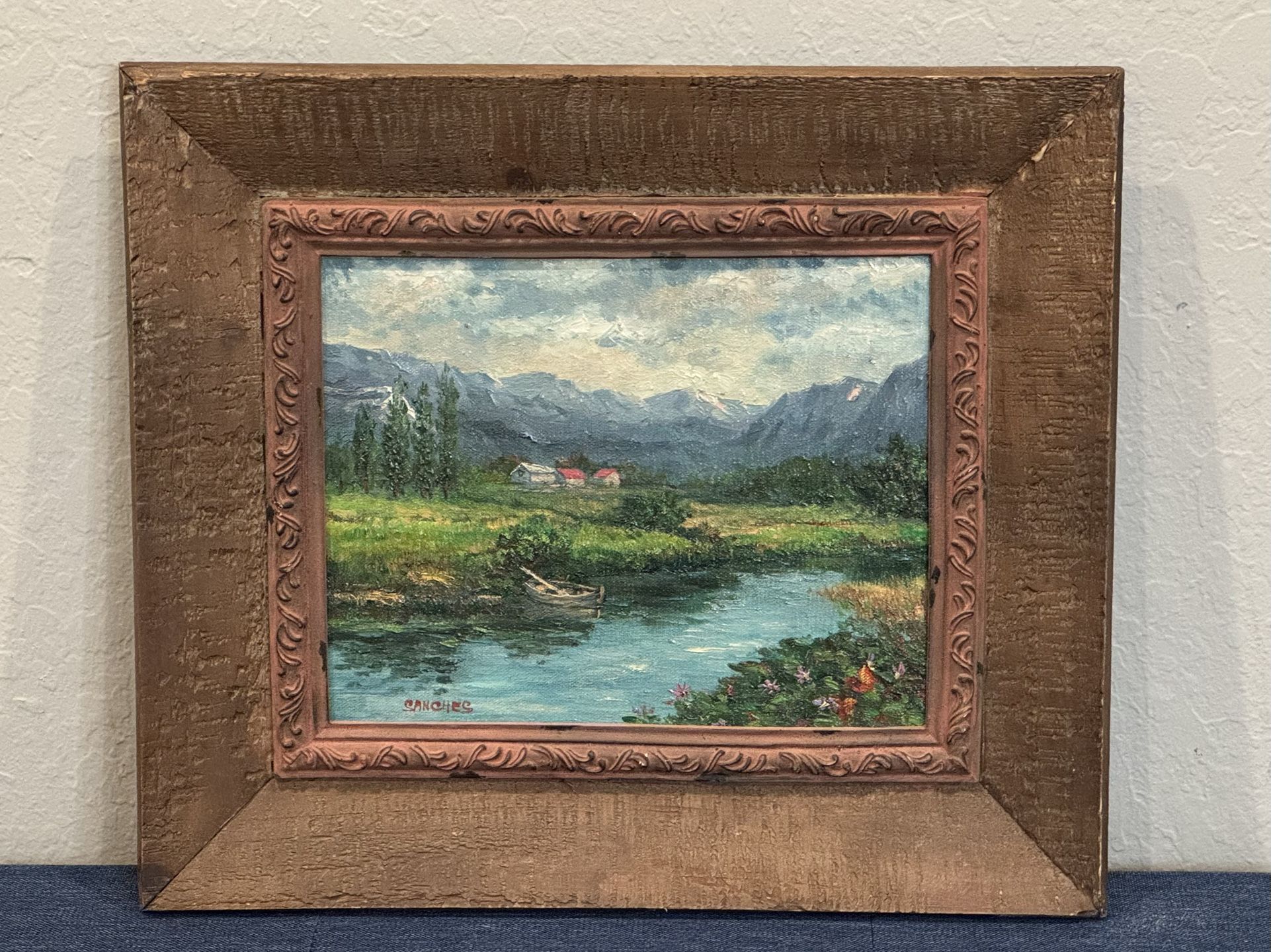 Incredible Original Vintage Pastoral Riverscape Oil Painting signed "Sanches"