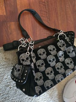 Black Rhinestone Skull Handbag with Chain Detail