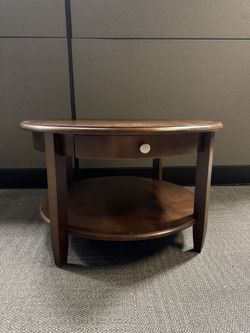 Round Coffee Table with Storage Drawer and Shelf (Mahogany Tone)