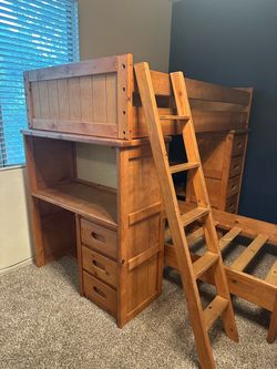 Wood Loft Bed with Desk and Drawers