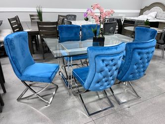 Glass Top Dining Table with 6 Blue Velvet Chairs