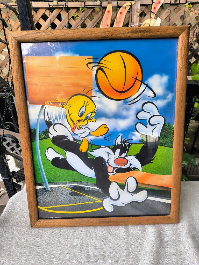 21x17 Vintage 97' Looney Tunes Warner Bros Tweety Bird Basketball Picture Framed