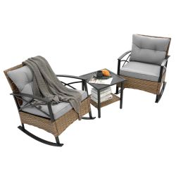 3pcs Rocking Rattan Set Wholesale Leisure Chair Outdoor Rattan Rocking Chair Set Grey (Grey + Steel + Cotton)