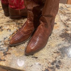 Used Vintage Dan Post 7.5 EW Cognac Lizard Skin Cowboy Boots