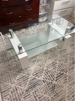 Modern Glass Coffee Table w/ White Base & Frosted Shelf – Excellent Condition