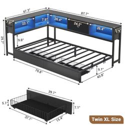 🥨Corner Twin XL Bed Frame with Storage Drawers and Bookcase Headboard, Metal Platform Corner Bed Frame with Charging Station and LED Lights, Twin XL 