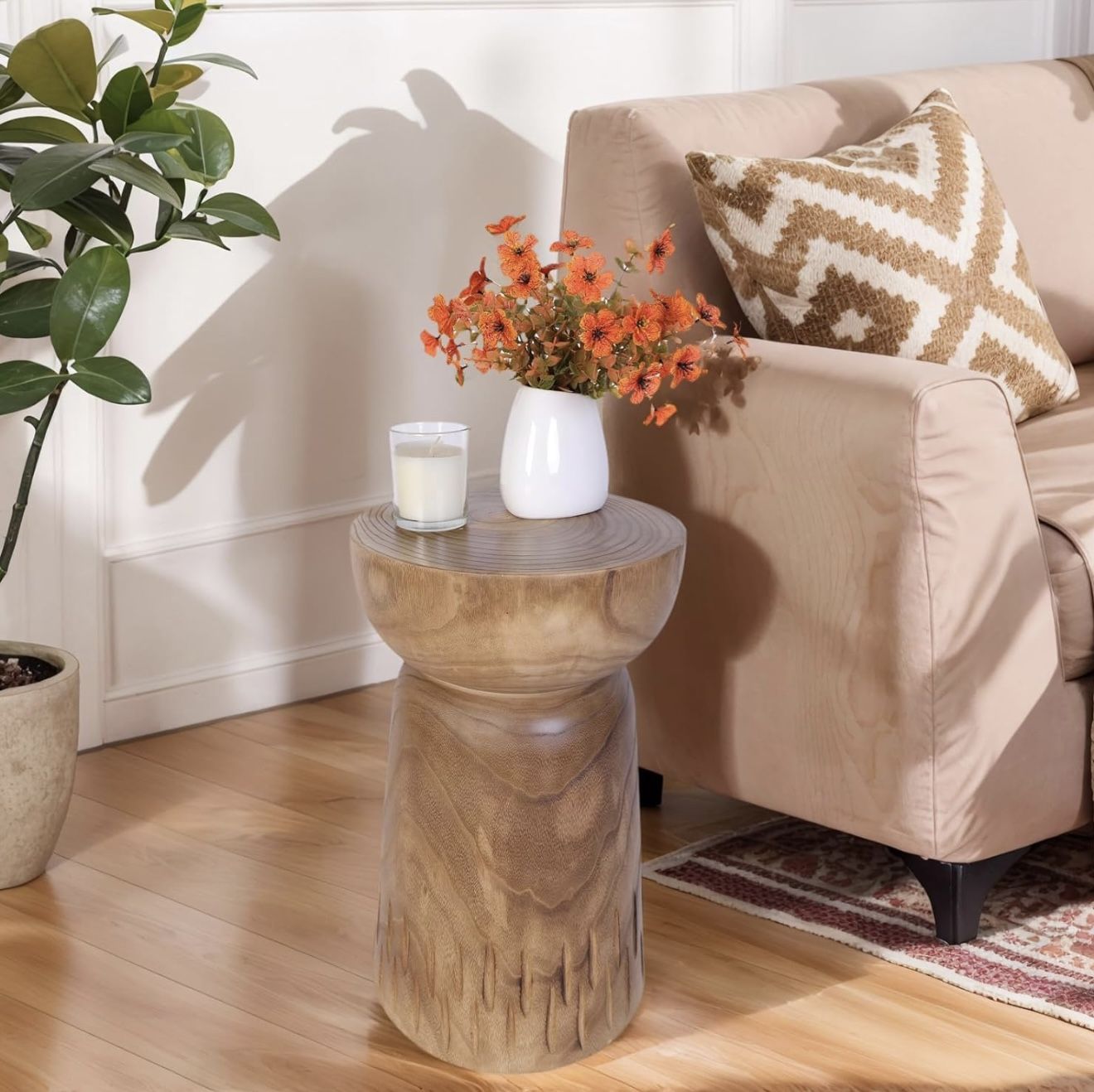 New 19”H Rustic Tree Stump Side Table – Natural Wooden End Table, Round Wood Accent Stool for Living