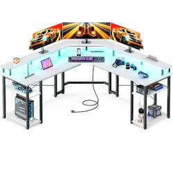 Coleshome L Shaped Gaming Desk with LED Lights & Power Outlets, Reversible 56" Computer Desk with Full Monitor Stand & Storage Shelves, Ergonomic Home