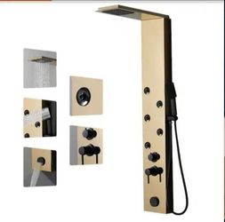 Gold and Black Spa Shower Panel Dual Heads 5 Massaging Rainfall Jet, Spout