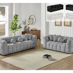 Brand new dark grey gray Boucle modern mid century sofa loveseat set