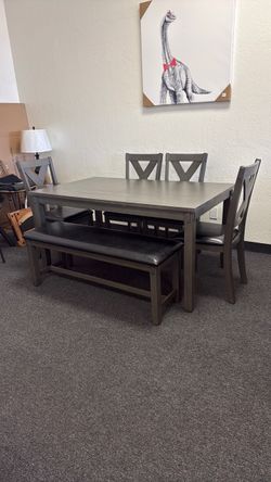 Gray Dining Table Set with Chairs and Bench