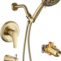 Tub Shower Faucet Combo, Brushed Gold Shower System 10 Patterns Handheld Shower Head with Tub Spout, Shower Trim Kit with Shower Head & Brass Valve